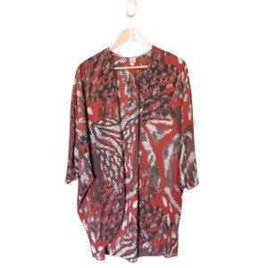 Animal Print Sheer Kimono Cover Up, One Size, Red / Black